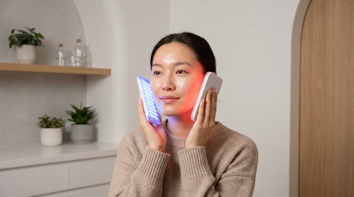 Une femme utilise des appareils de luminothérapie LED bleus et rouges sur les joues pour traiter sa peau.