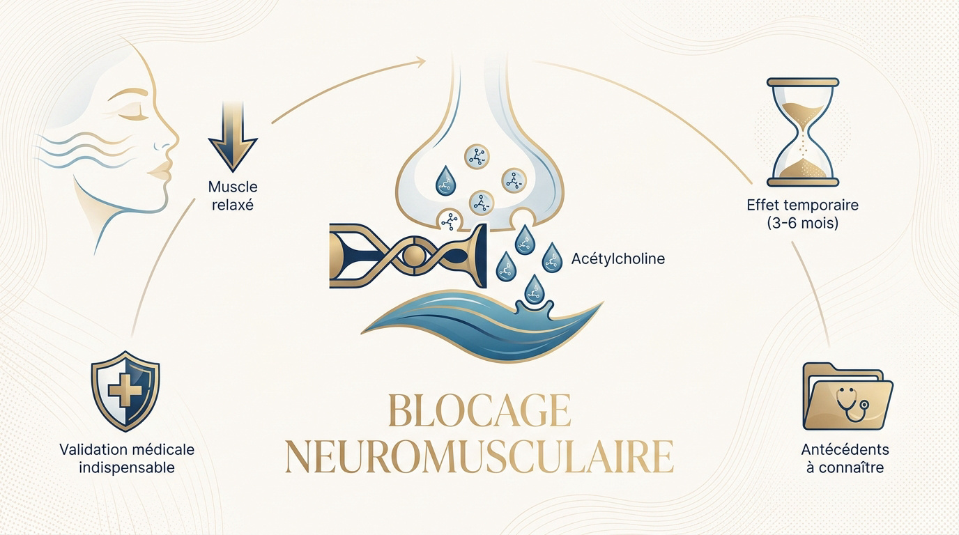 Schéma du mécanisme d'action de la toxine botulique sur la jonction neuromusculaire