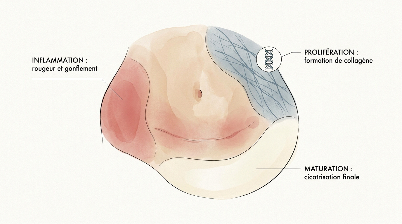 Schéma des étapes de cicatrisation après une chirurgie abdominale montrant l'évolution des tissus