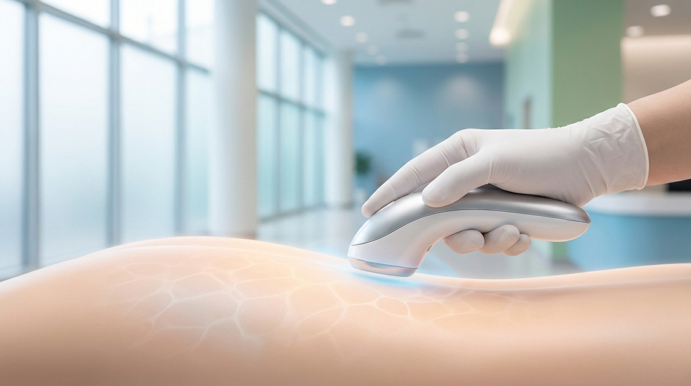 Une main gantée utilisant un appareil esthétique sur une peau lisse dans une clinique moderne.