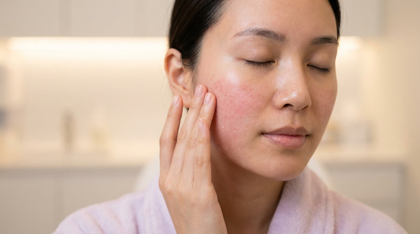 Une femme asiatique examine sa peau irritée et qui pèle sur sa joue après un traitement de peeling du visage.