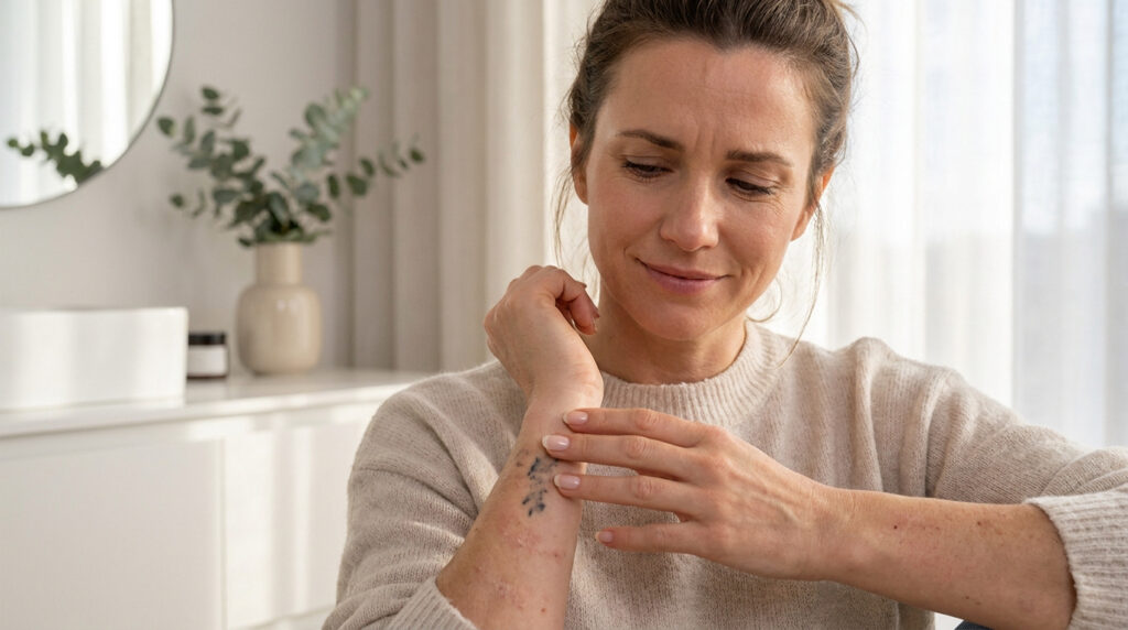 Une femme examine un tatouage décoloré sur son poignet montrant une irritation cutanée suite à une méthode sans laser.