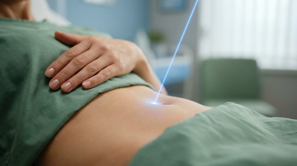Gros plan sur le ventre d'une patiente recevant un traitement laser médical sur une zone cicatricielle.