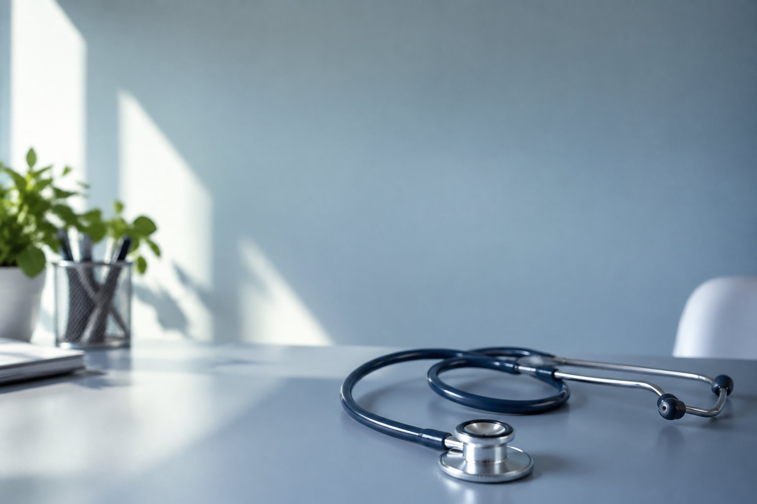 Stéthoscope posé sur un bureau médical lumineux près d'une plante verte.