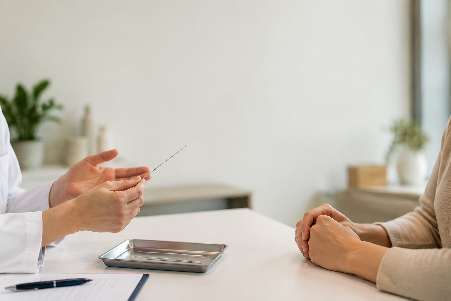Un médecin montre un fil tenseur à une patiente lors d'une consultation en cabinet médical.