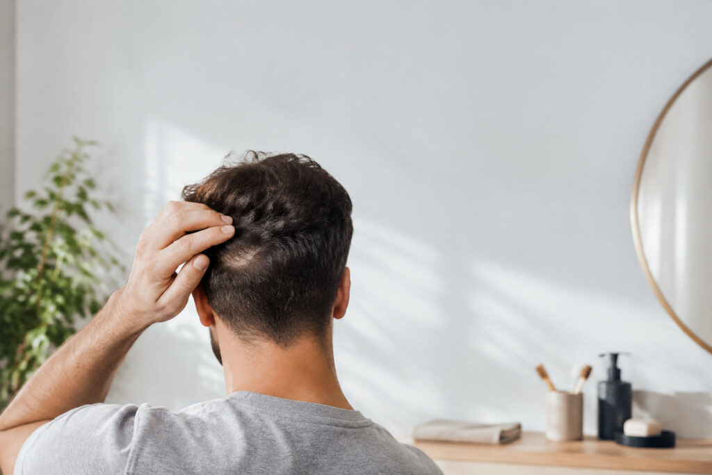 Vue arrière d'un homme examinant sa zone donneuse de cheveux après une greffe dans une salle de bain lumineuse.