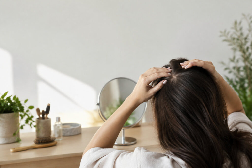 Femme examinant ses cheveux et sa ligne frontale devant un miroir sur une coiffeuse.