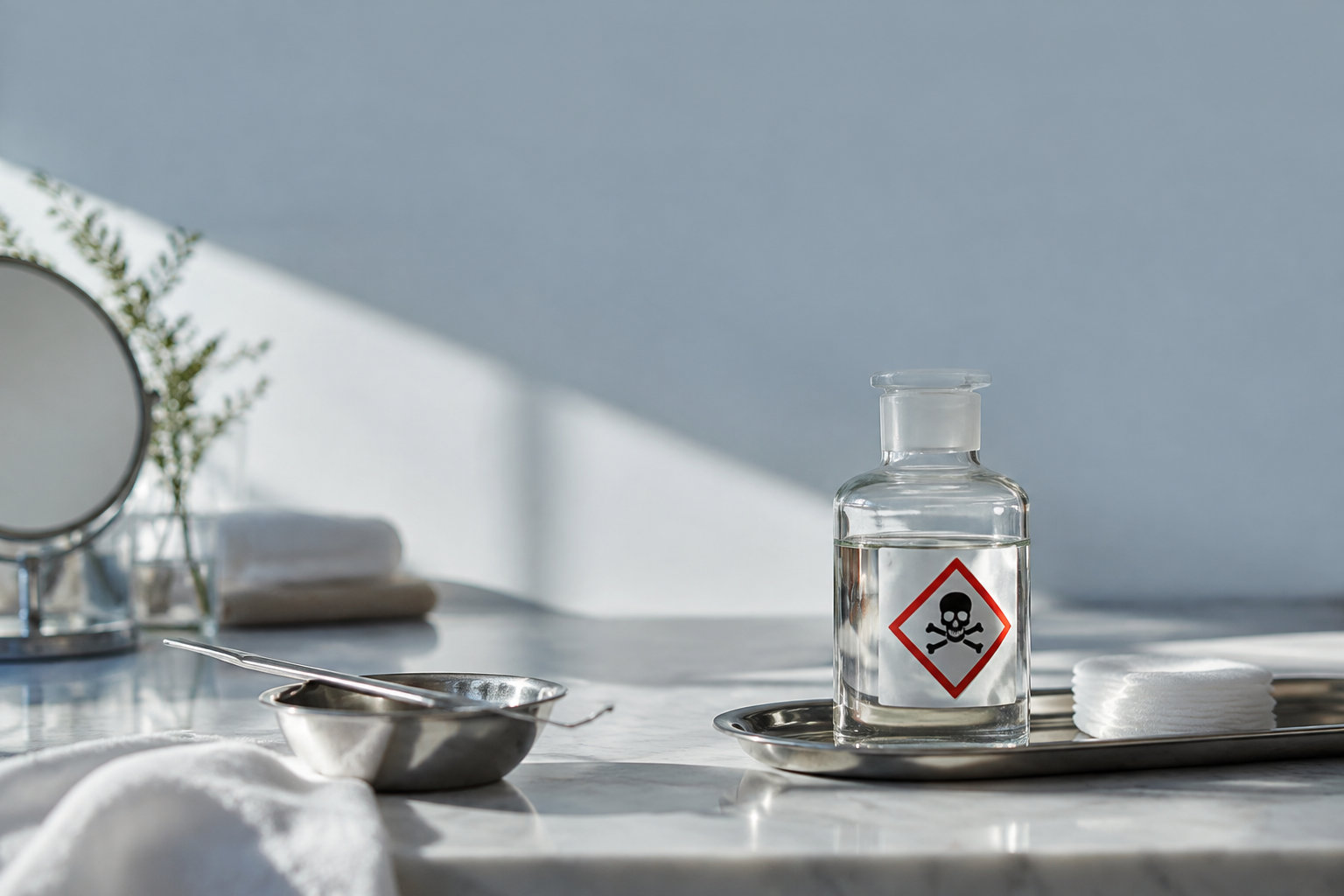 Une bouteille en verre contenant un liquide toxique avec un symbole tête de mort, posée sur une table médicale.