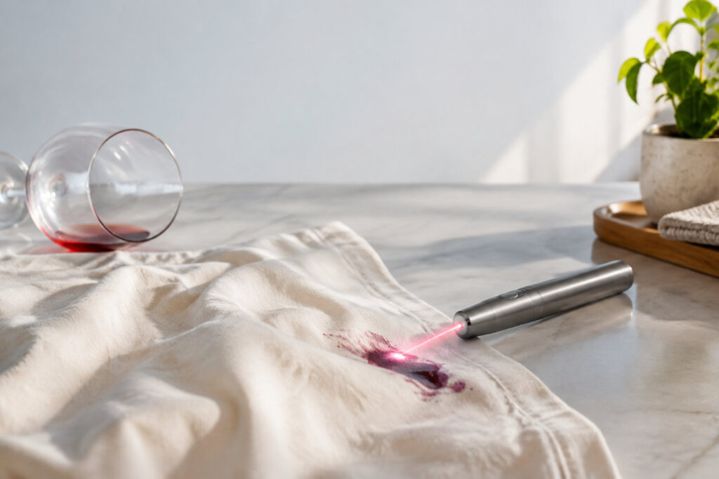 Un stylo laser compact pointe un faisceau rouge sur une tache de vin rouge sur un tissu blanc.