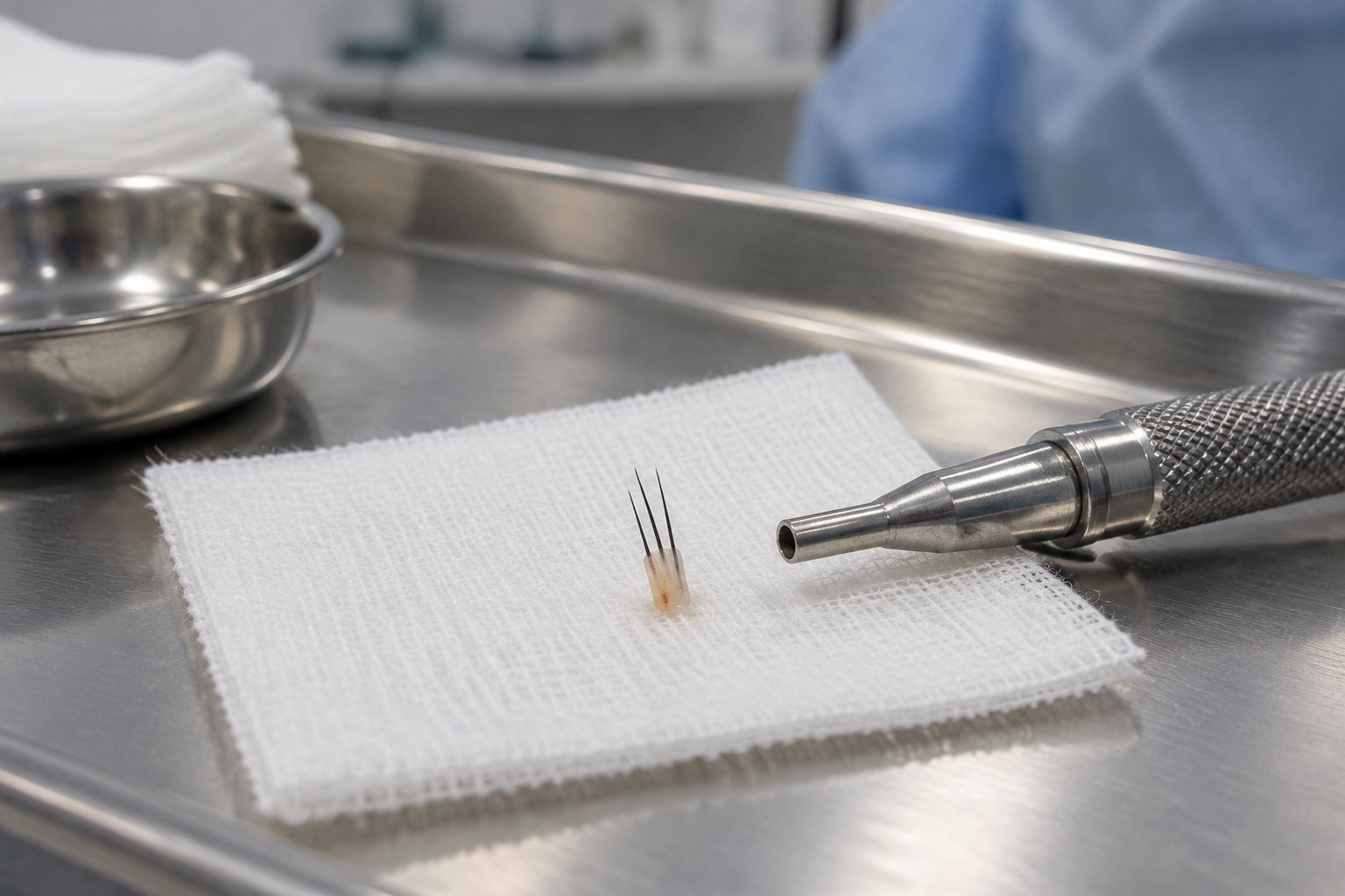 Un petit outil métallique à trois aiguilles est posé sur une compresse, à côté d’un instrument métallique sur un plateau.