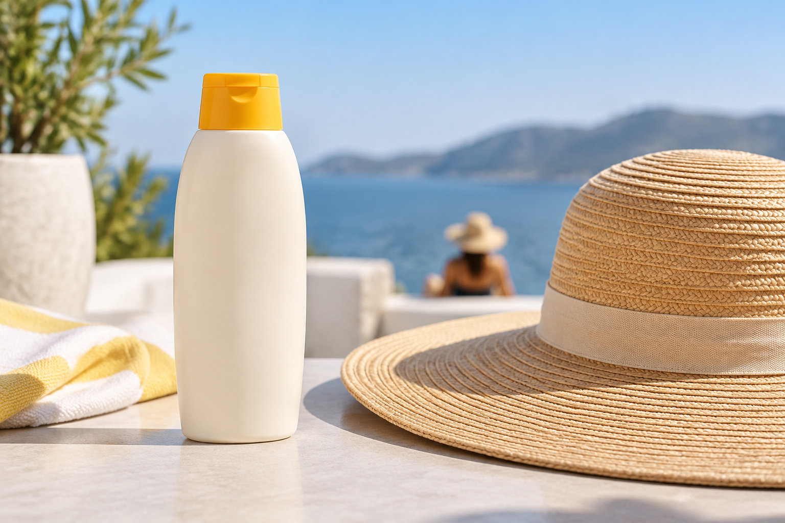 Un flacon blanc à bouchon jaune et un chapeau de paille sont posés sur une table près d’une serviette, avec la mer et une personne en arrière-plan.