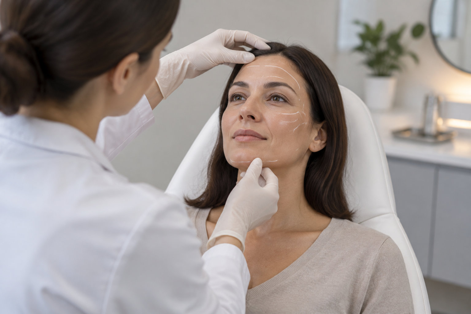 Une professionnelle en blouse et gants examine le visage d’une femme assise dans un fauteuil, marqué de traits blancs.