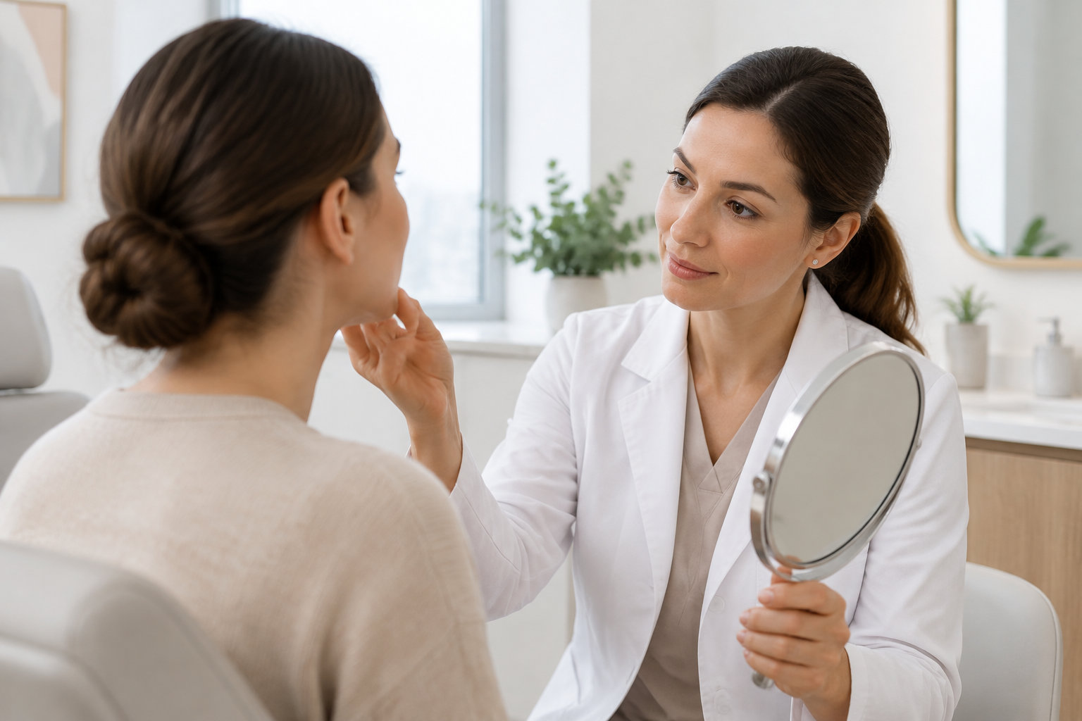 Une professionnelle en blouse blanche examine le visage d’une femme assise, tout en tenant un miroir à main dans un cabinet lumineux.