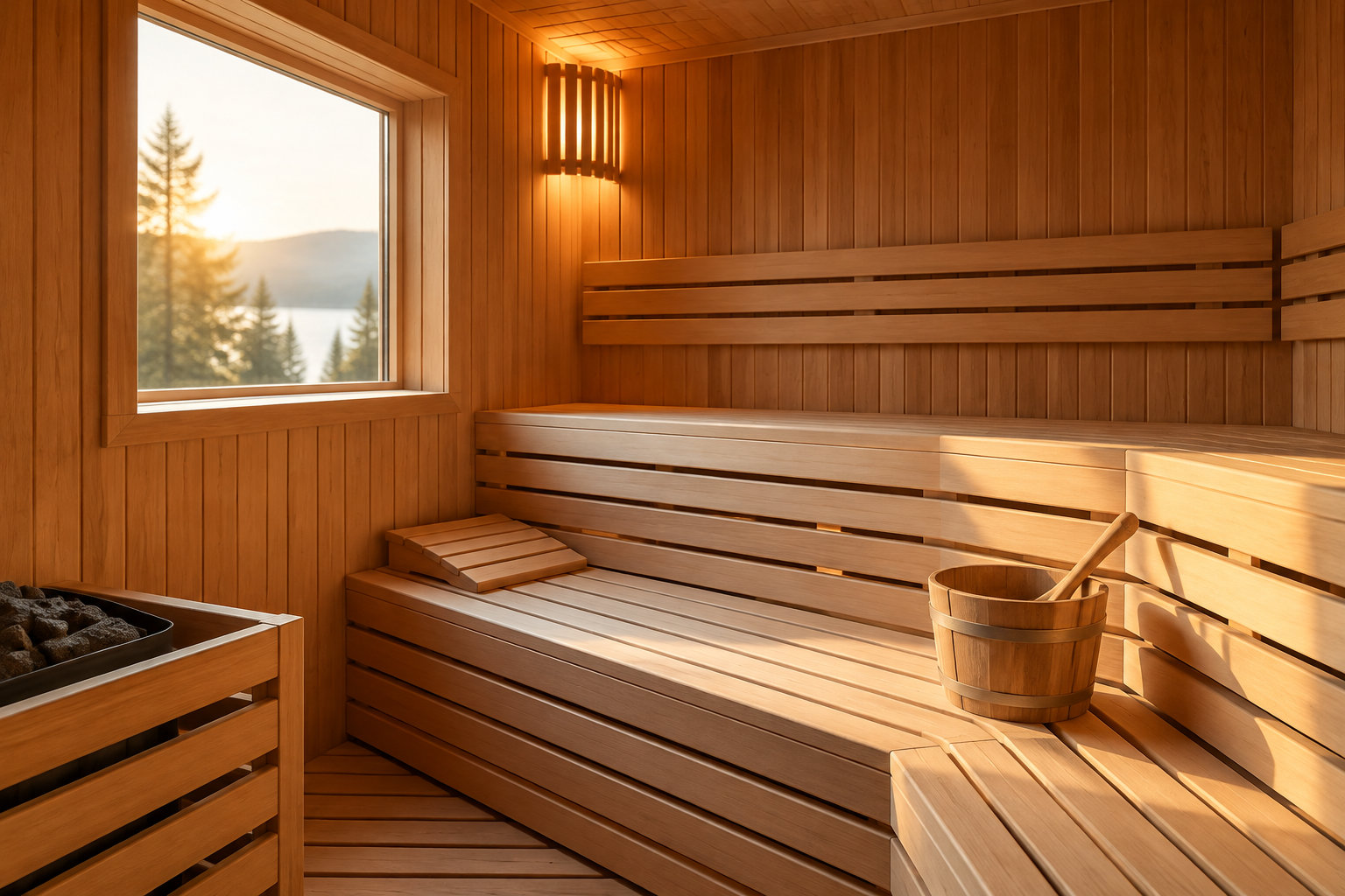 Un sauna en bois éclairé par le soleil comprend des bancs, un poêle avec des pierres et un seau muni d’une louche, près d’une fenêtre donnant sur des arbres et un lac.