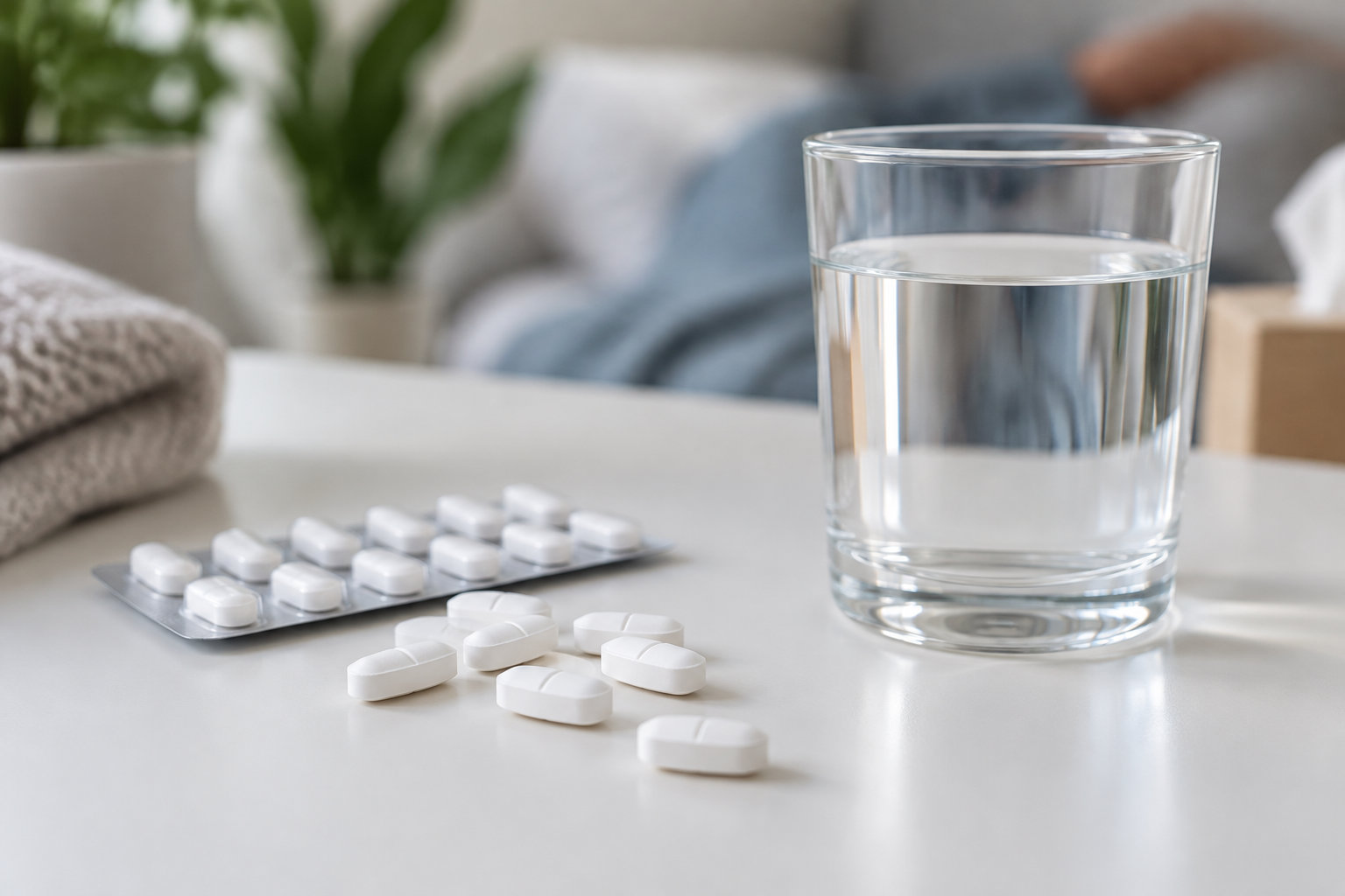 Un verre d’eau et plusieurs comprimés blancs, dont certains dans une plaquette, sont posés sur une table.