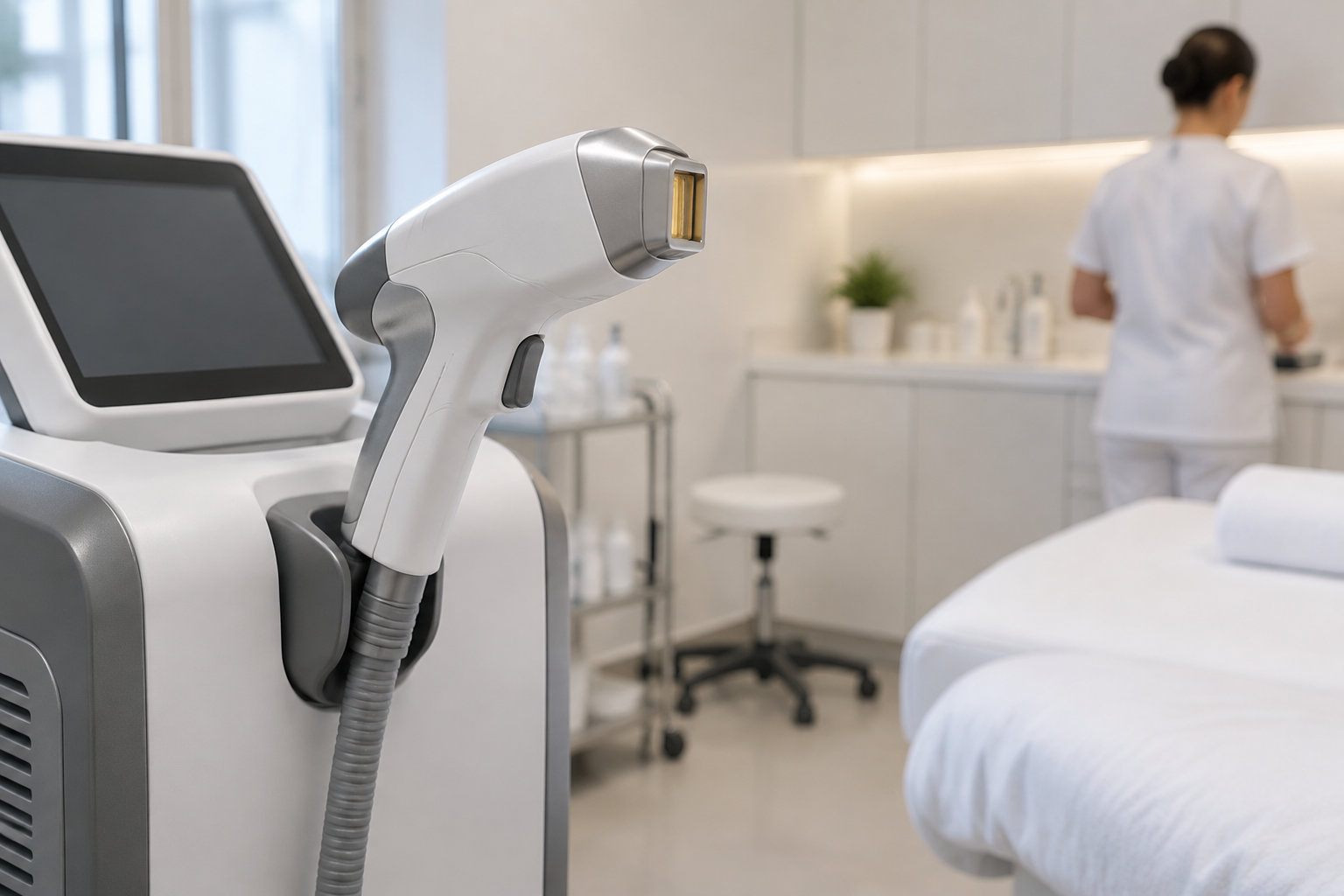 Un appareil de soin avec un écran et une poignée est installé près d’une table dans une salle de soins, où une personne en tenue blanche se tient de dos.