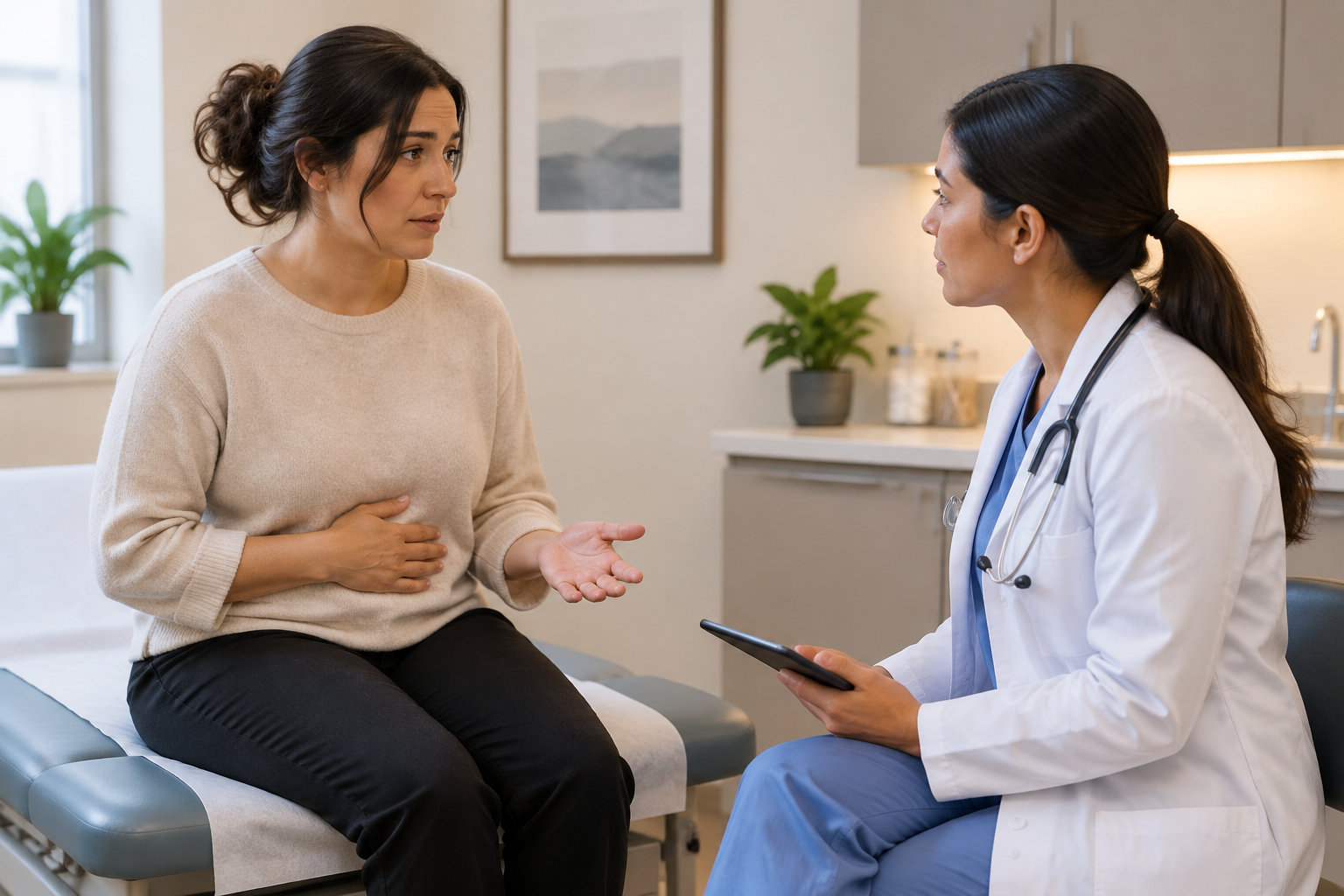 Une femme assise sur une table d’examen parle avec une médecin en blouse blanche qui tient une tablette dans un cabinet médical.