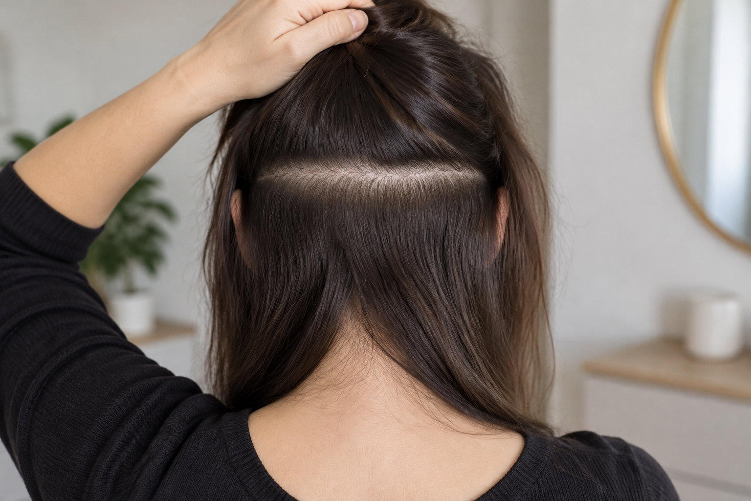 Une femme soulève ses cheveux pour montrer une raie horizontale sur son cuir chevelu.