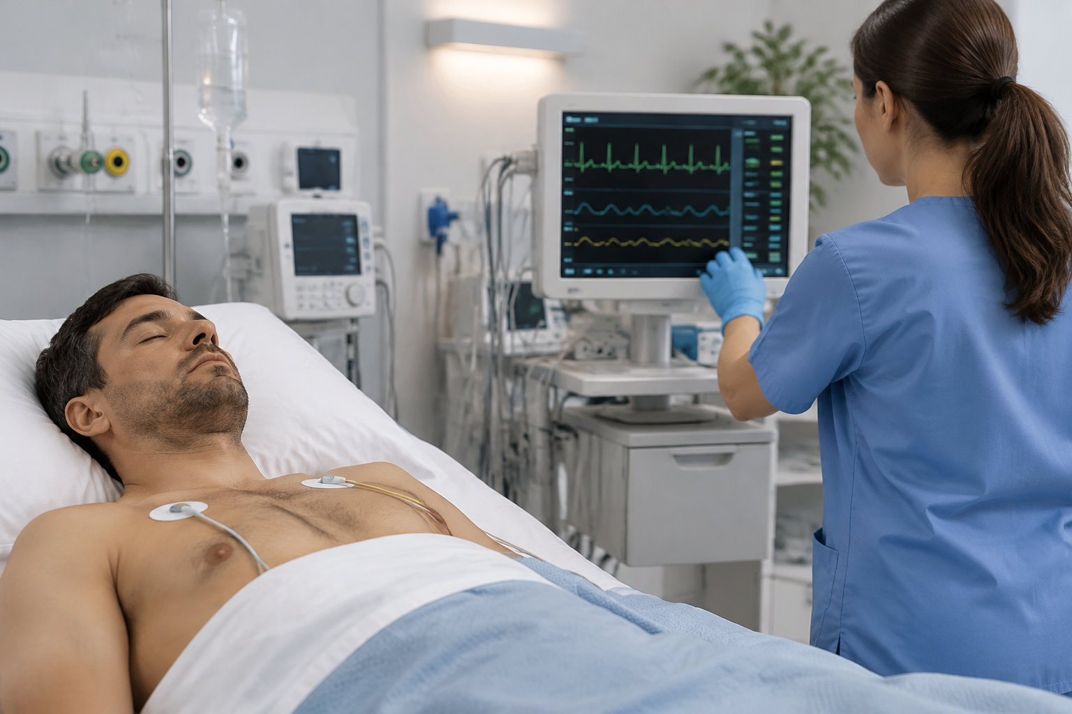 Un patient est allongé dans un lit d’hôpital, relié à des électrodes, tandis qu’une soignante consulte un moniteur de surveillance.