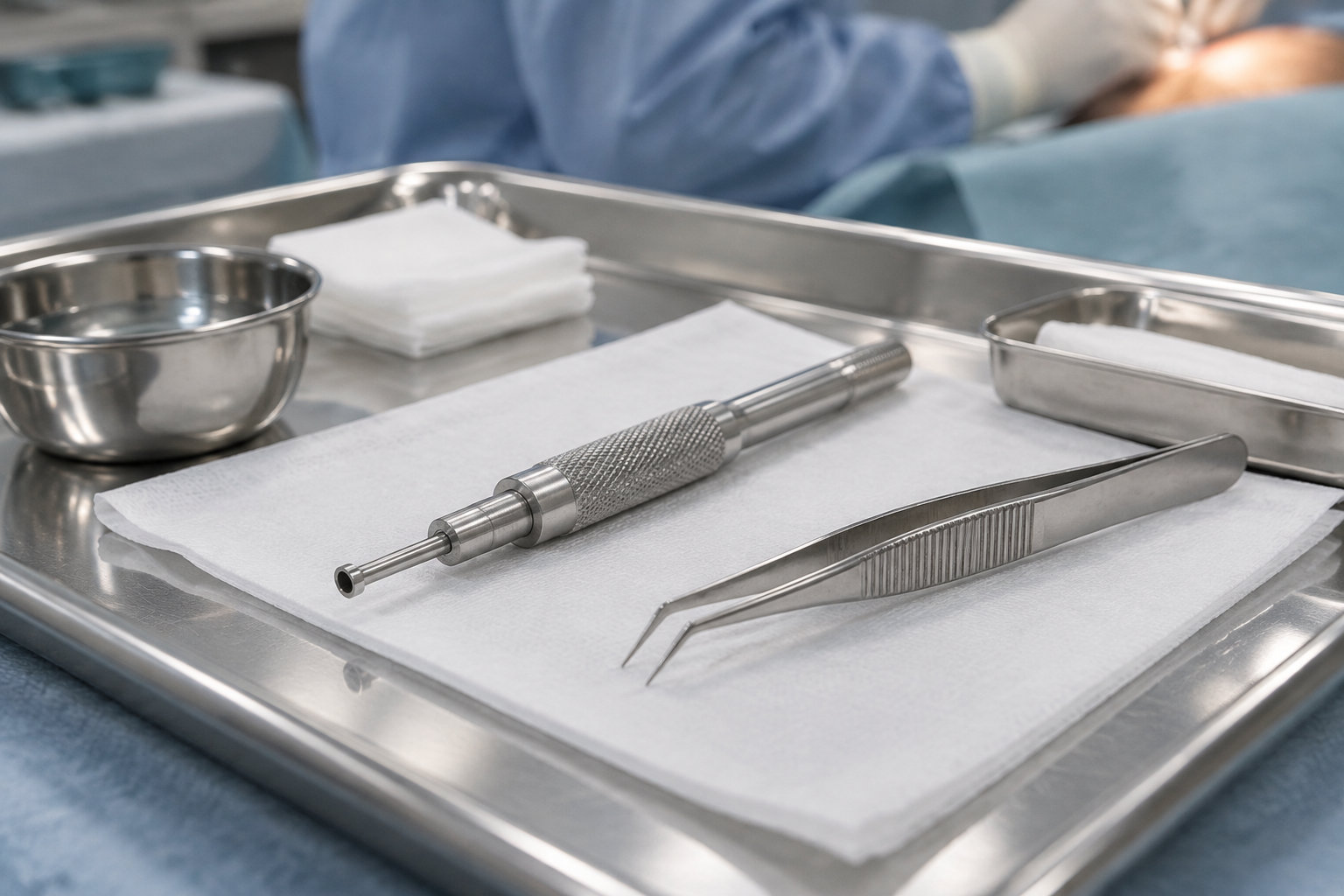 Un plateau métallique contient des instruments médicaux posés sur des compresses blanches, avec des blouses bleues en arrière-plan.