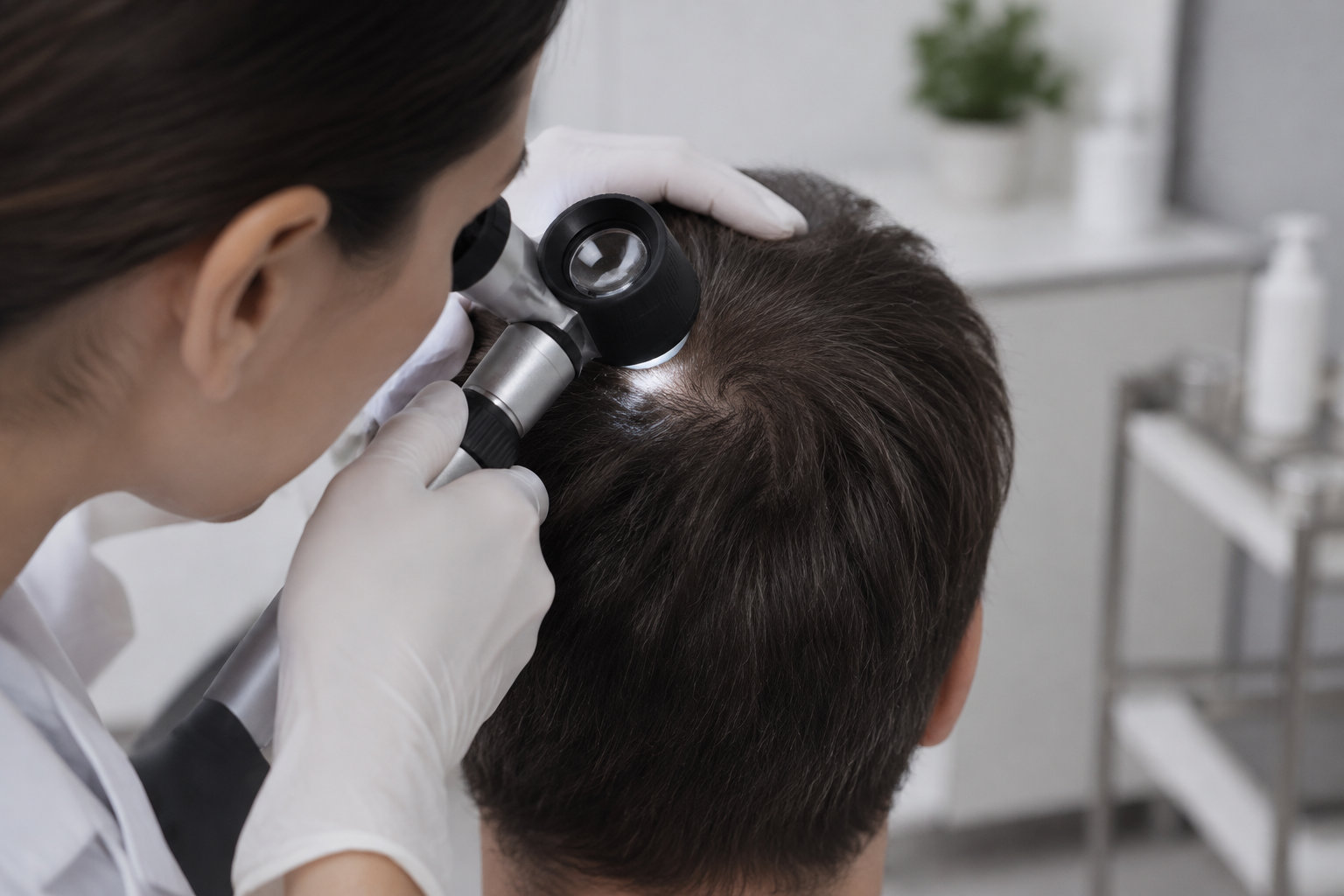 Une professionnelle gantée examine le cuir chevelu d’une personne avec un instrument grossissant dans une pièce de soins.