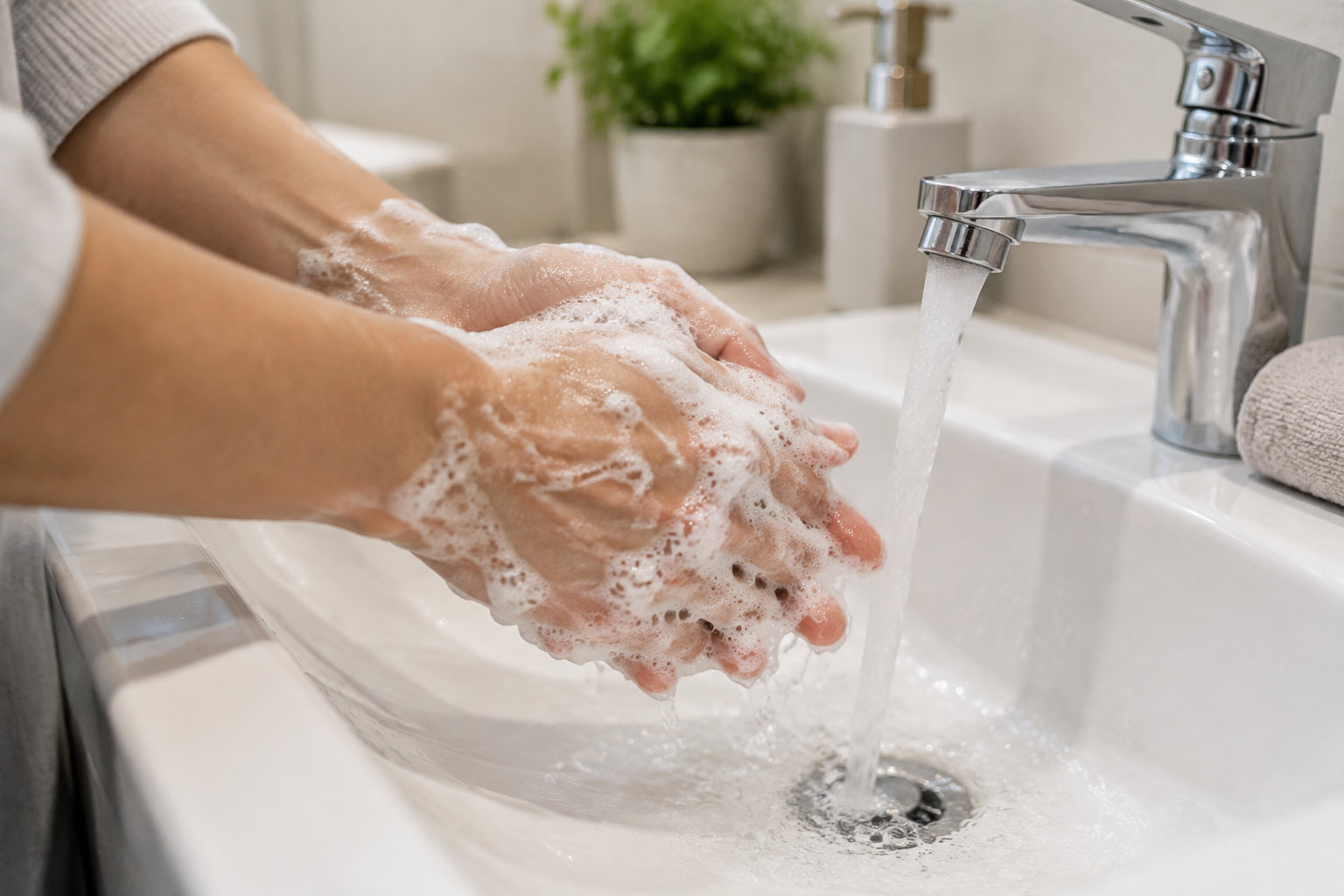 Des mains couvertes de mousse se lavent sous un robinet dans un lavabo.