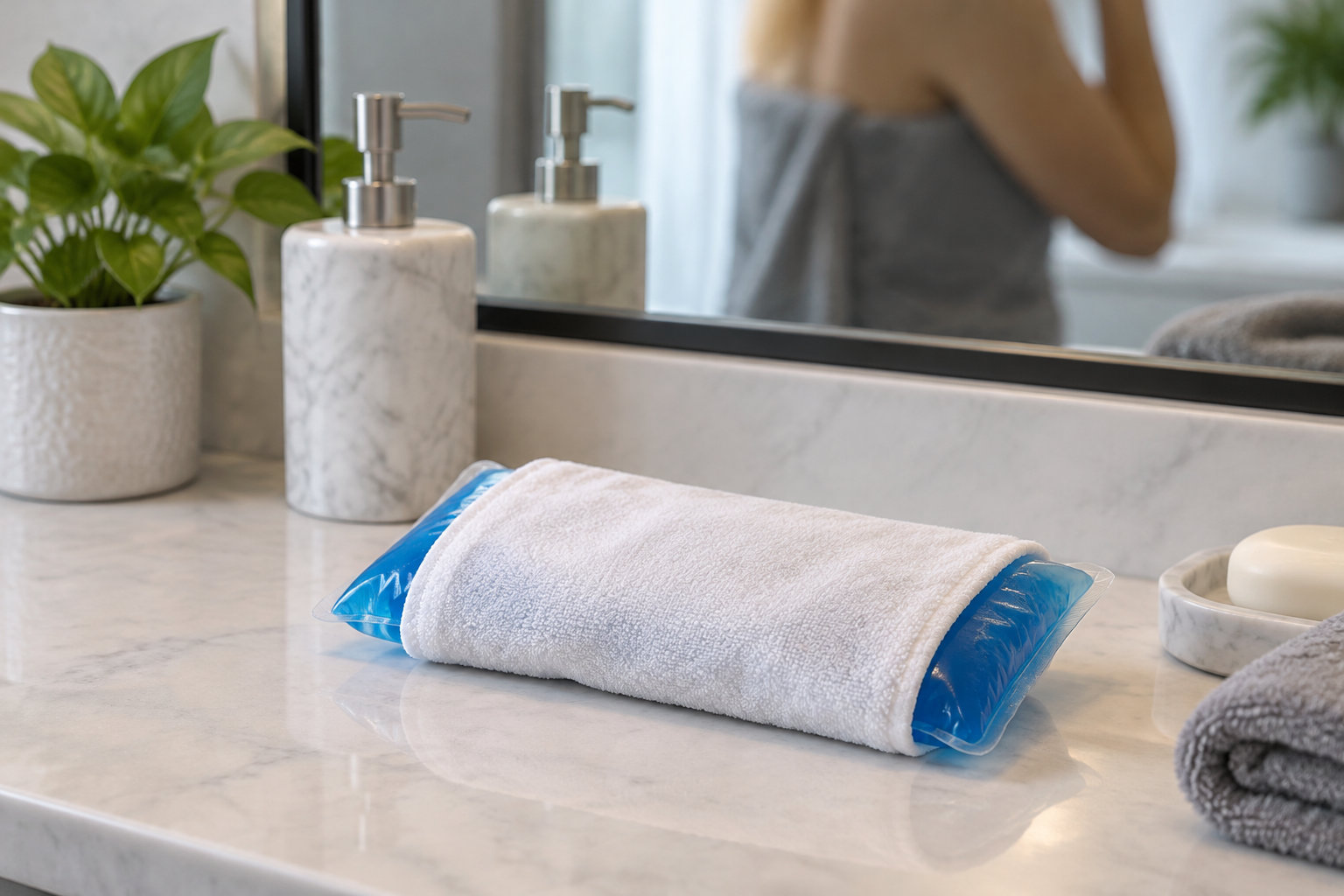 Une serviette blanche enveloppe une poche bleue posée sur un comptoir de salle de bain, près d’un distributeur, d’une plante et d’un savon.