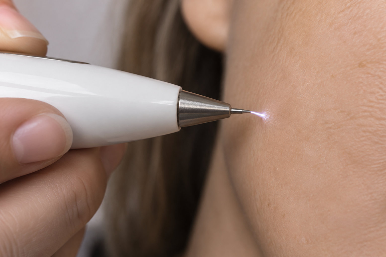 Gros plan sur un appareil tenu à la main qui projette une petite étincelle violette sur la peau d’un visage.