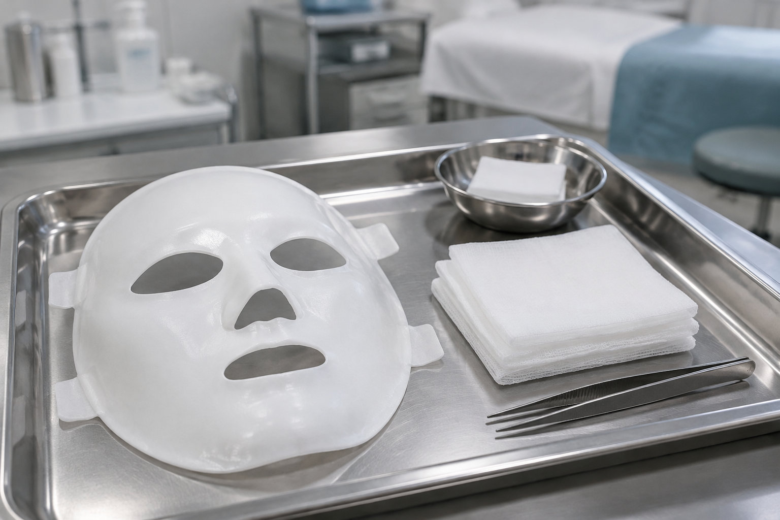 Un masque blanc pour le visage, des compresses pliées, une coupelle métallique et une pince sont disposés sur un plateau en acier dans une pièce de soin.