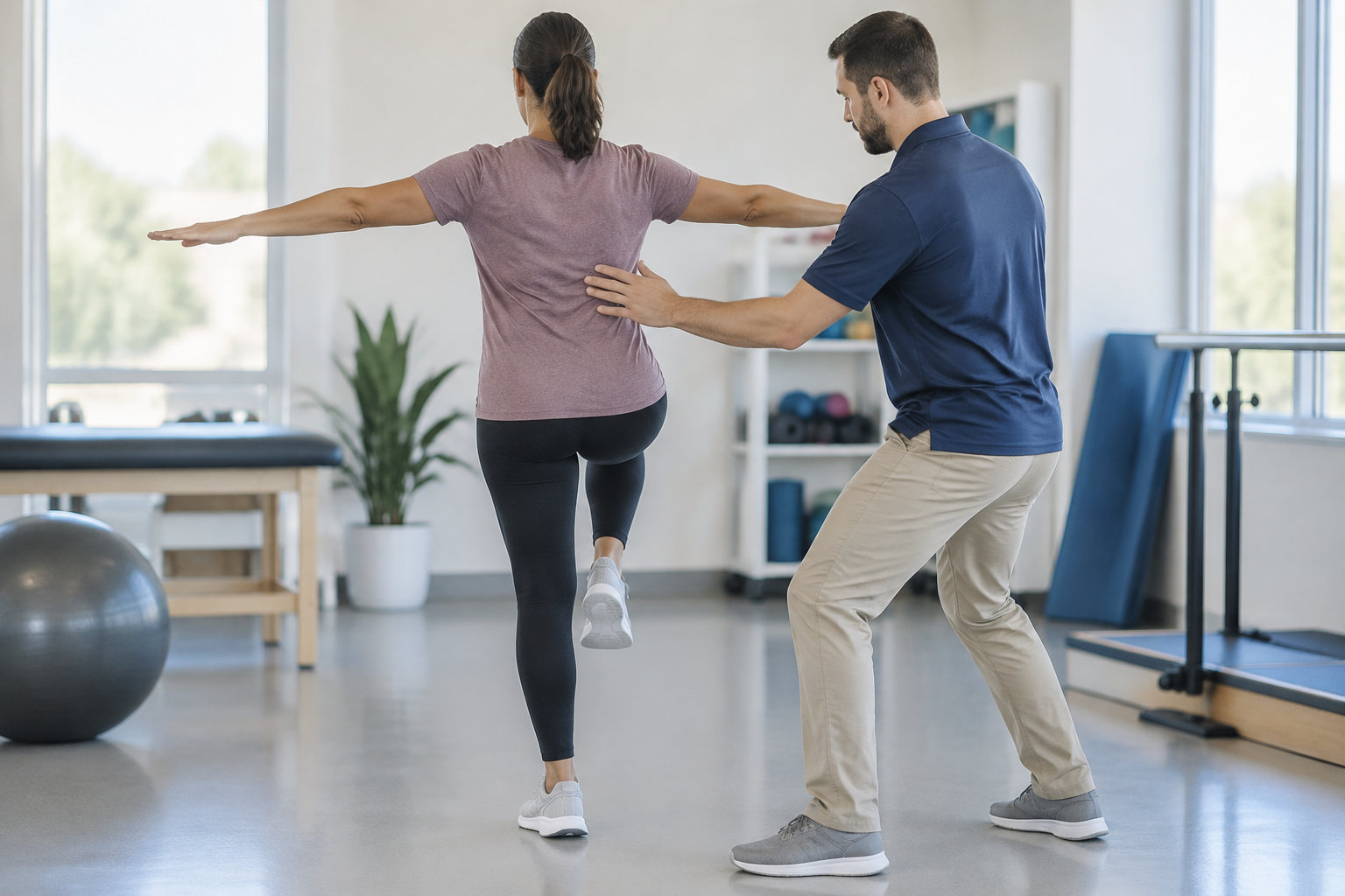 Une femme se tient en équilibre sur une jambe, les bras tendus, tandis qu’un homme l’accompagne en posant une main dans son dos, dans une salle de rééducation.