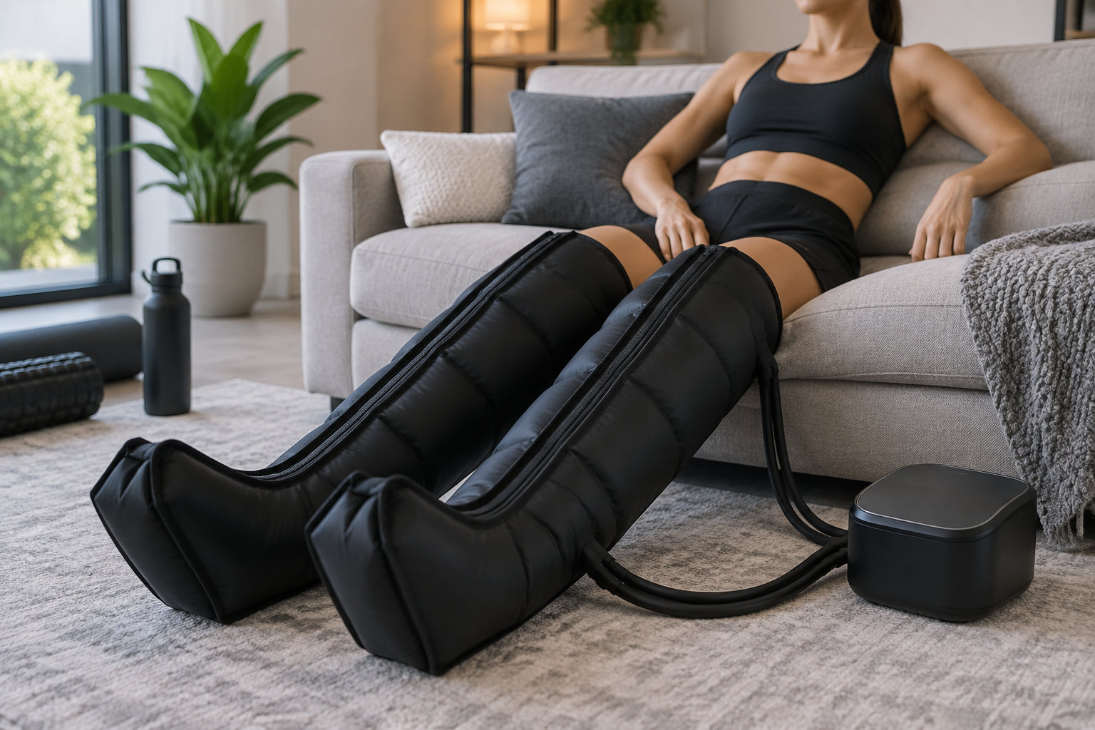 Une femme assise sur un canapé porte des bottes de compression reliées par des tuyaux à un appareil posé sur le tapis.
