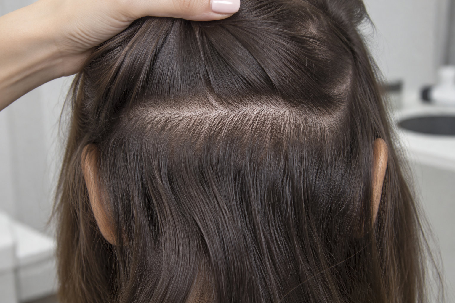 Une main écarte les cheveux bruns d’une personne pour montrer une ligne de cuir chevelu dans un salon.