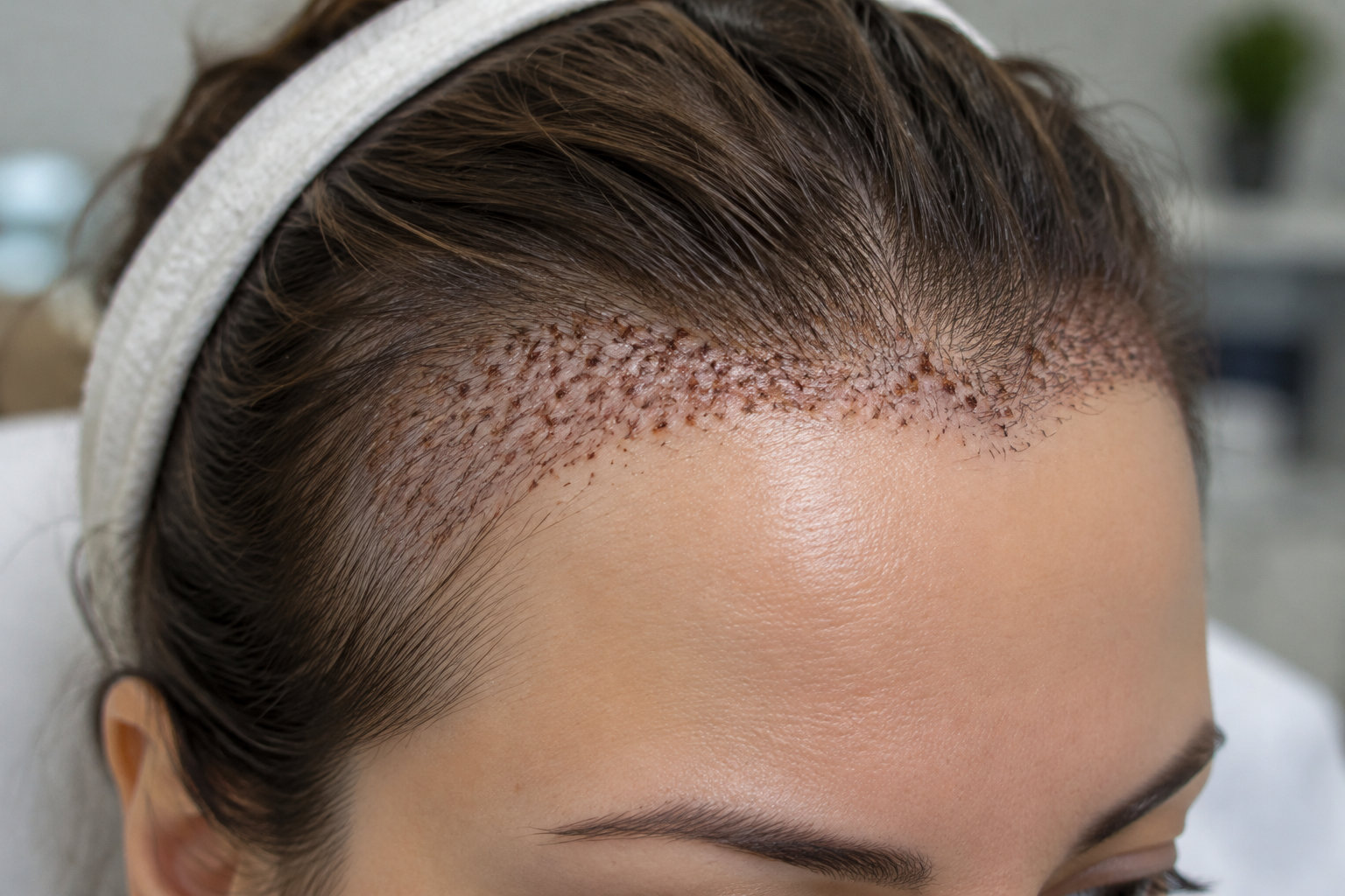 Gros plan sur la ligne frontale d’une personne, où de petites croûtes et des points rouges sont visibles parmi les cheveux repoussés.