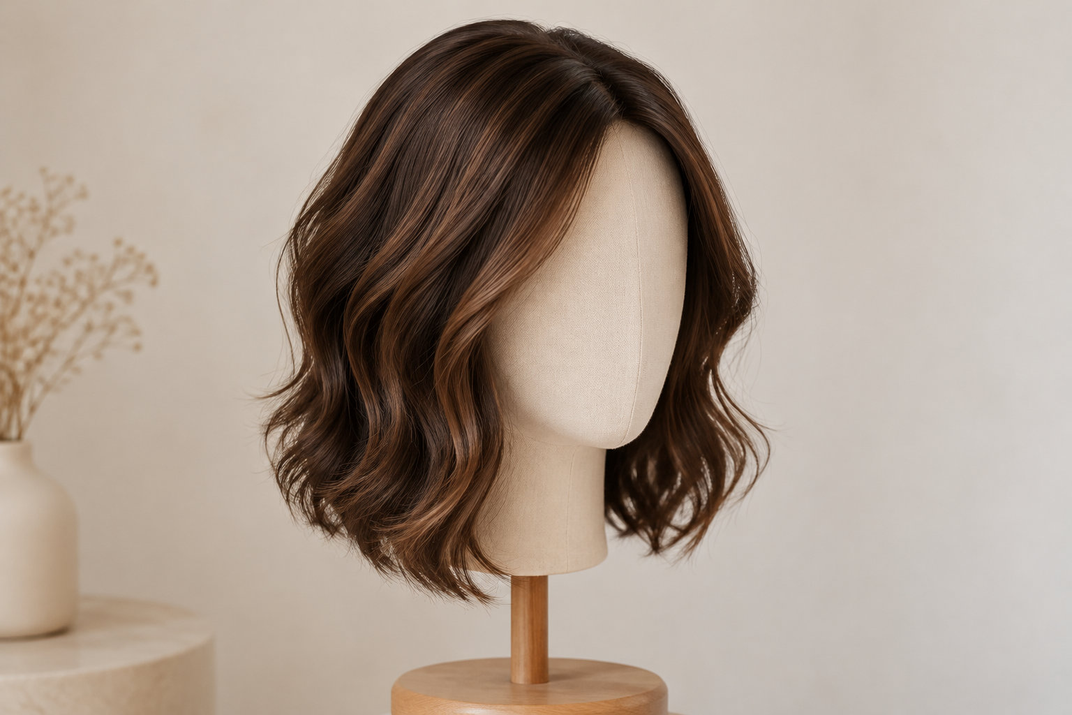 Une perruque brune ondulée est posée sur un mannequin sans visage fixé à un support en bois, près d’un vase décoratif.
